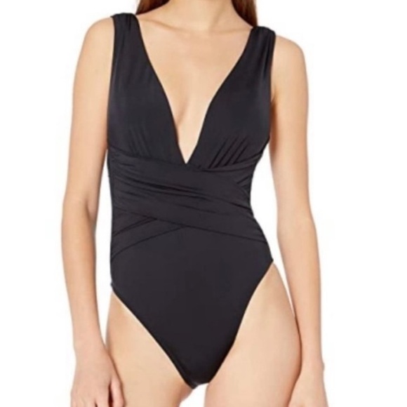 Trina Turk Getaway Plunge Ruched Cross Wrap Open Back Swimsuit Black NWT S 6
